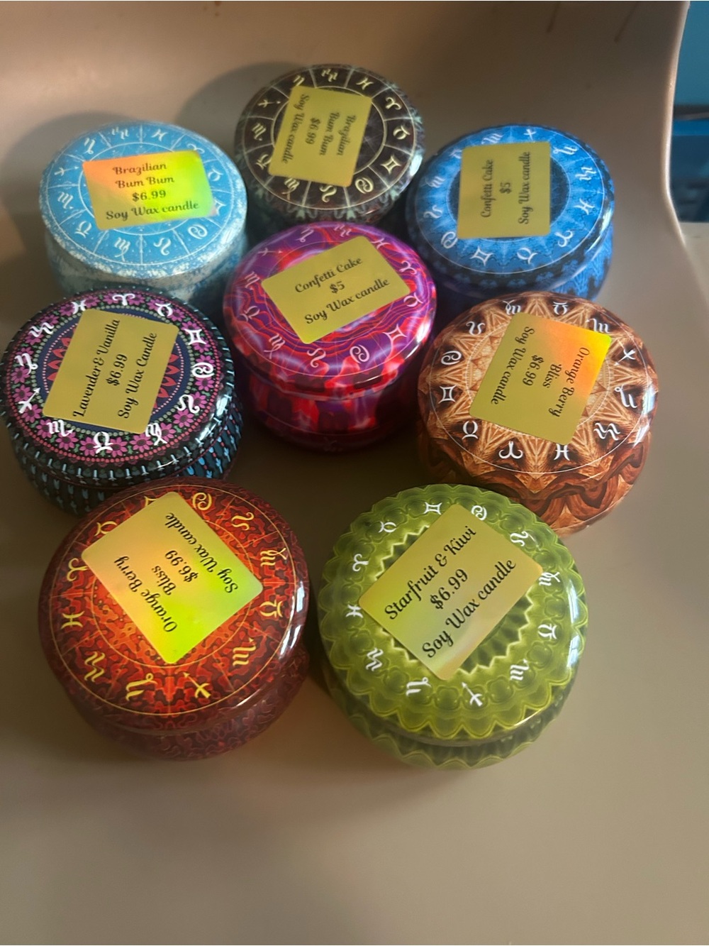 Zodiac 6oz candle tins - Mixed Colors on sale $5 each
